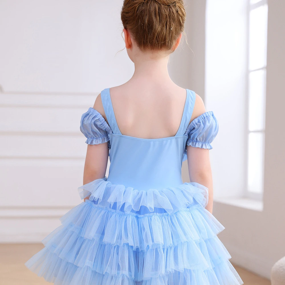Costume da principessa per ragazze con fiocco in paillettes azzurro con spalle scoperte e tut&ugrave; di ba