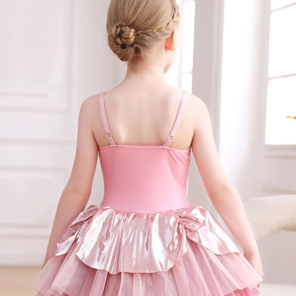 Vestito tut&ugrave; da balletto per ragazze con motivo floreale rosa metallizzato, costume per spettacoli t