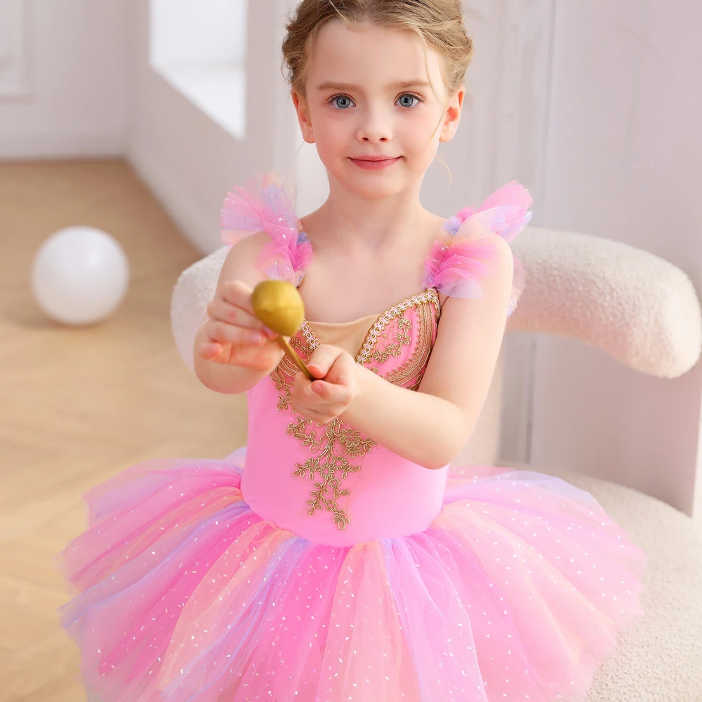 Vestito tut&ugrave; da principessa per body da danza classica in pizzo rosa per ragazze-ALP023