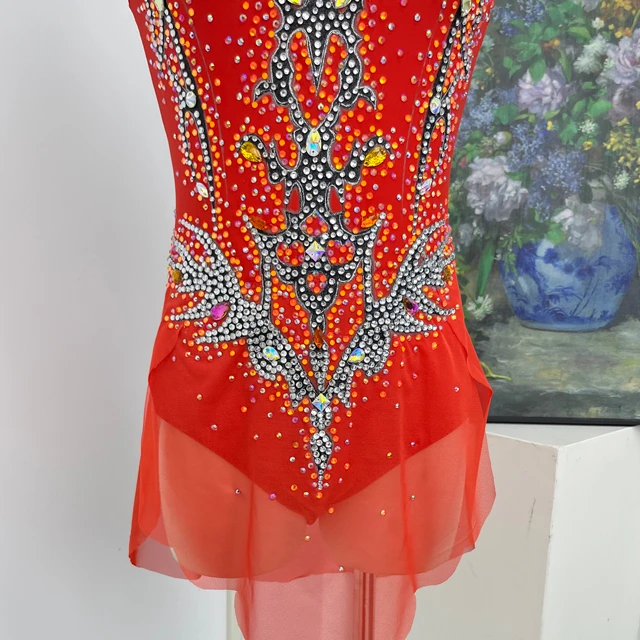 Body da ginnastica artistica con strass arancione rosso | G0112