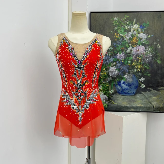 Body da ginnastica artistica con strass arancione rosso | G0112