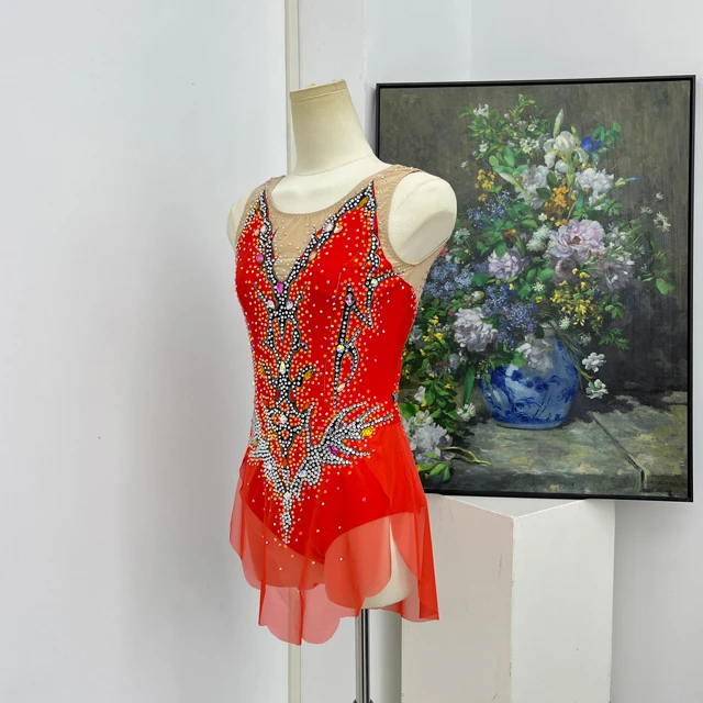 Body da ginnastica artistica con strass arancione rosso | G0112
