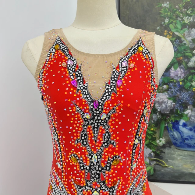 Body da ginnastica artistica con strass arancione rosso | G0112