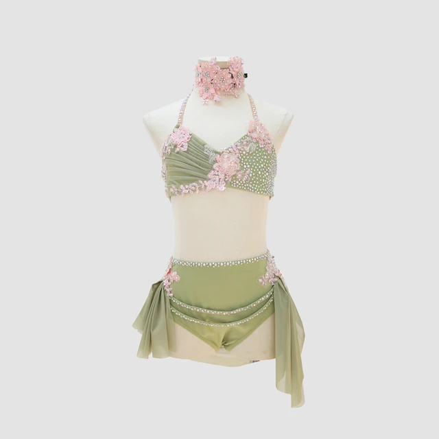 Costume da danza lirica in 2 pezzi con cavezza con strass verde salvia | G003