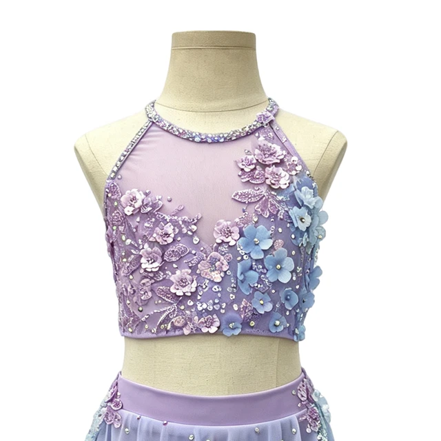 Abito da ballo lirico floreale in 2 pezzi Ombre viola blu | G026