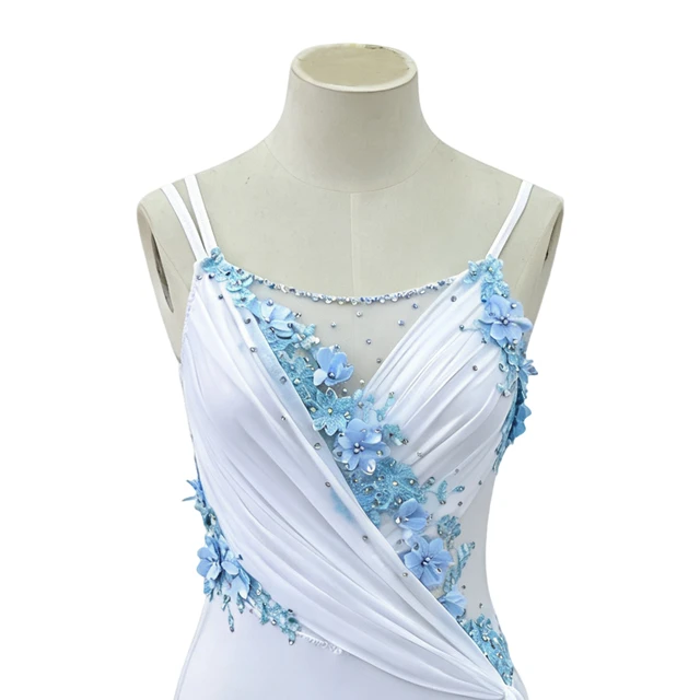 Abito body da danza lirica bianco con fiori azzurri | R0998