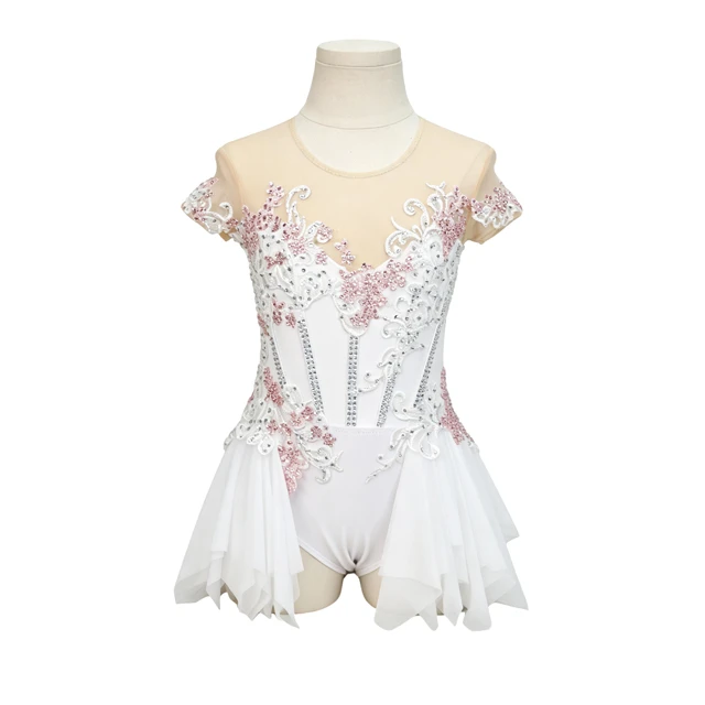 Abito da ballo lirico bianco con strass in pizzo rosa | G030