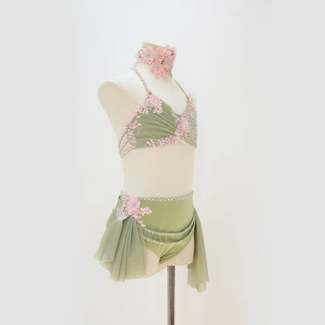 Costume da danza lirica in 2 pezzi con cavezza con strass verde salvia | G003