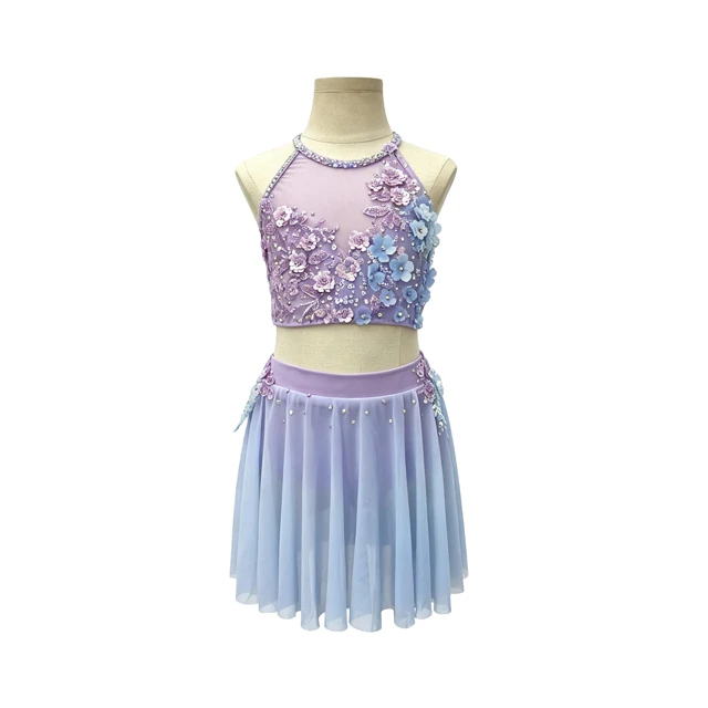Abito da ballo lirico floreale in 2 pezzi Ombre viola blu | G026