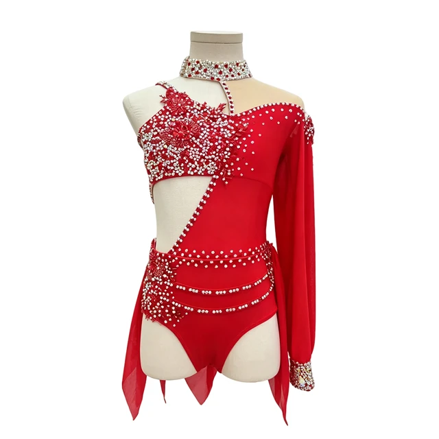 Costume da danza lirica asimmetrica con strass rossi | BLC1381