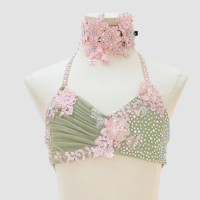 Costume da danza lirica in 2 pezzi con cavezza con strass verde salvia | G003
