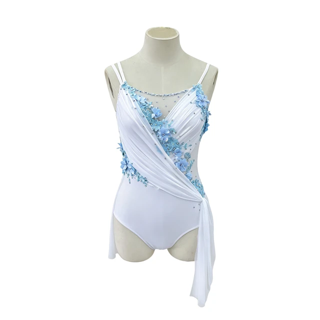 Abito body da danza lirica bianco con fiori azzurri | R0998