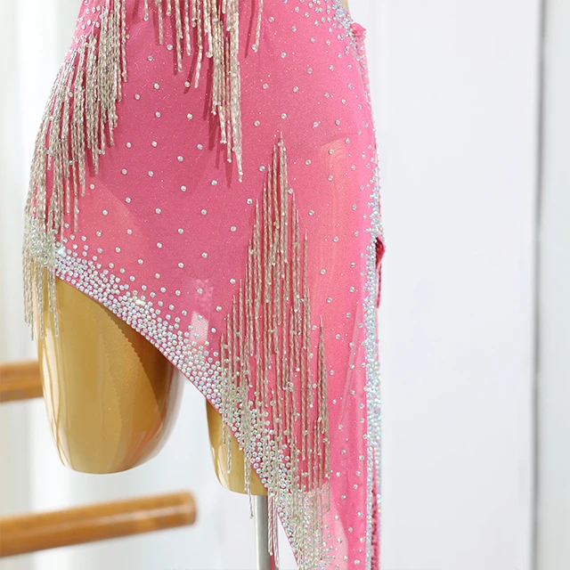 Abito da ballo latino con frange rosa e strass | LD005