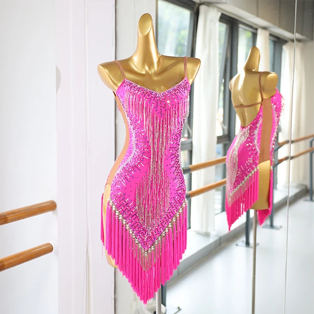 Abito da ballo latino con frange rosa caldo e strass | LD001