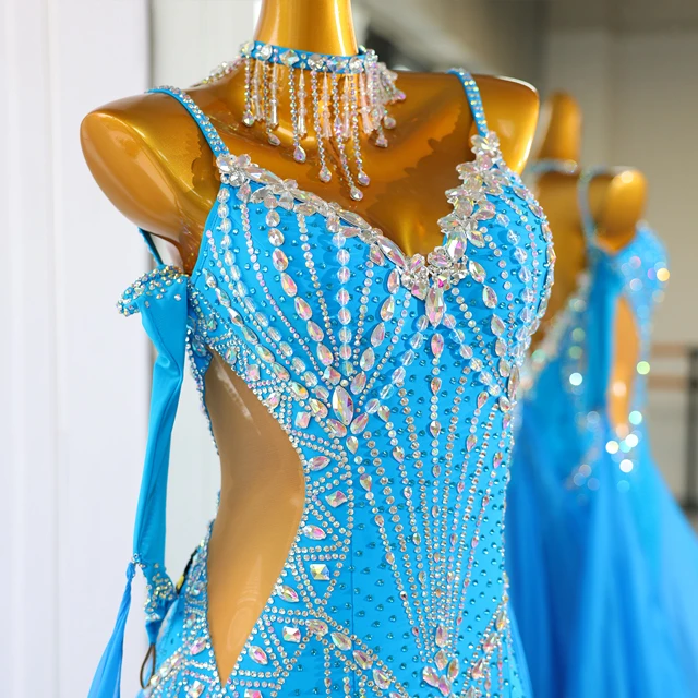 Standard latino con strass blu cielo e amp; Abito da ballo da sala | LD018