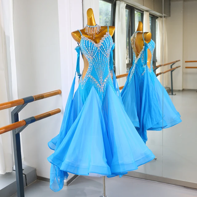 Standard latino con strass blu cielo e amp; Abito da ballo da sala | LD018