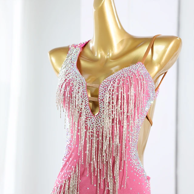 Abito da ballo latino con frange rosa e strass | LD005