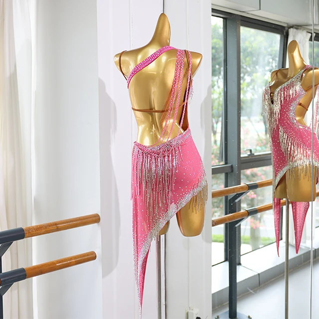 Abito da ballo latino con frange rosa e strass | LD005