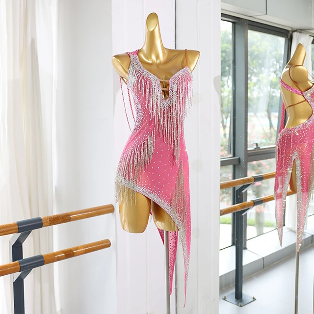 Abito da ballo latino con frange rosa e strass | LD005