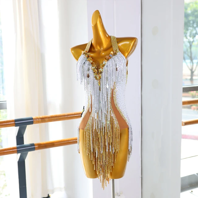 Abito da ballo latino con strass e frange dorate bianche | LD020