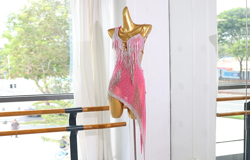 Abito da ballo latino con frange rosa e strass | LD005