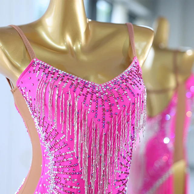 Abito da ballo latino con frange rosa caldo e strass | LD001
