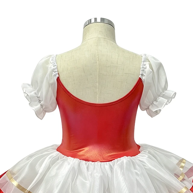 Girls Red Puff Sleeve Crisscross Lace-up Classical Ballet Tutu Dress | XGZ0258