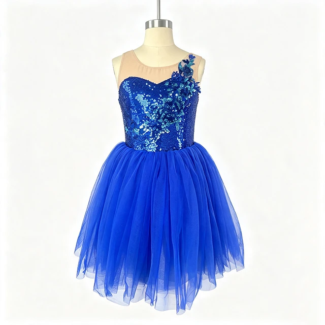 Royal Blue Sequin Floral Applique Ballet Dress | XGZ0250