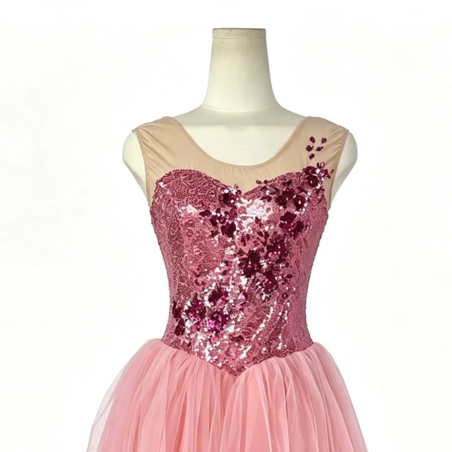Pink Sequin Floral Applique Ballet Dress | XGZ0247