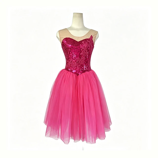 Rose Red Sequin Floral Applique Ballet Dress | XGZ0250