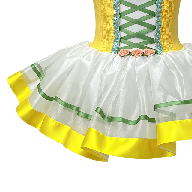 Girls Yellow Puff Sleeve Crisscross Lace-up Classical Ballet Tutu Dress | XGZ0258