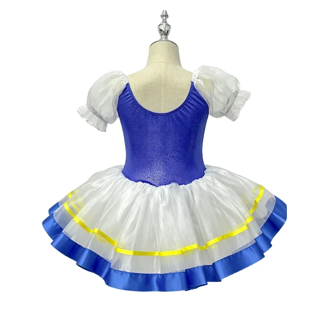 Girls Blue Puff Sleeve Crisscross Lace-up Classical Ballet Tutu Dress | XGZ0258