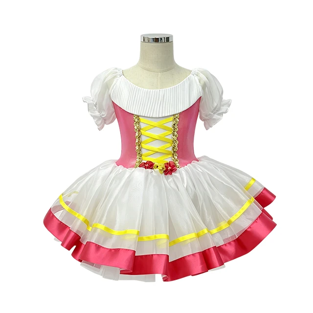 Girls Rose Red Puff Sleeve Crisscross Lace-up Classical Ballet Tutu Dress | XGZ0258