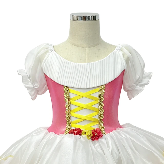 Girls Rose Red Puff Sleeve Crisscross Lace-up Classical Ballet Tutu Dress | XGZ0258