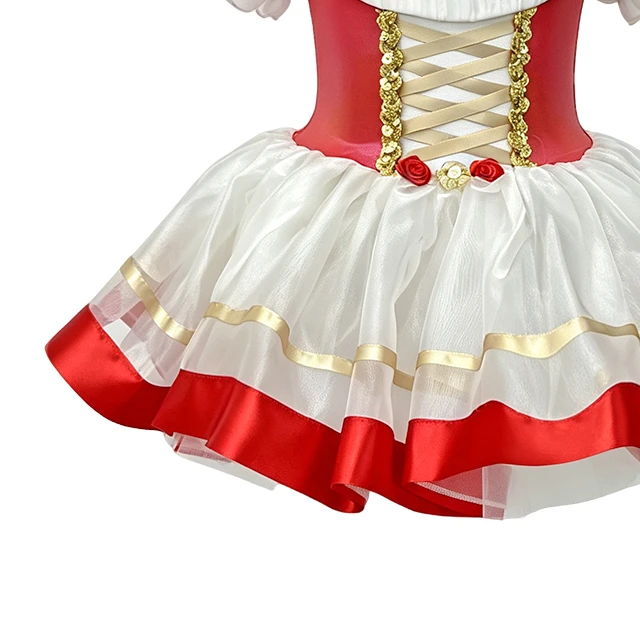 Girls Red Puff Sleeve Crisscross Lace-up Classical Ballet Tutu Dress | XGZ0258