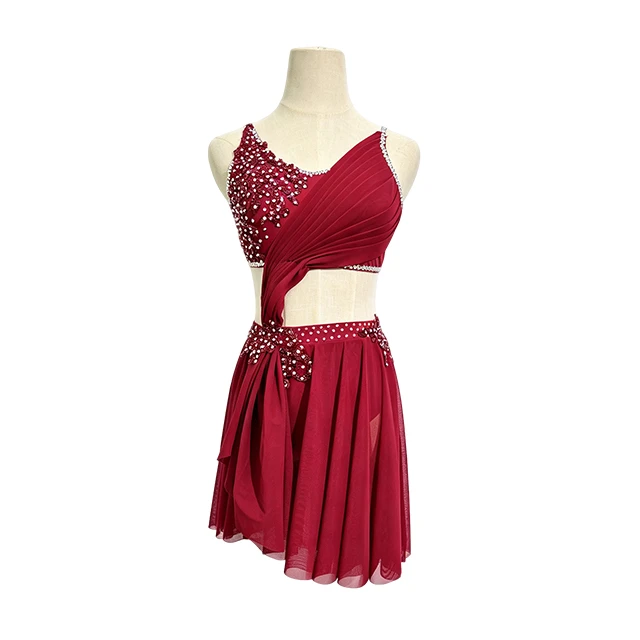 Burgundy Rheinstone Asymmetrical Lyrical Dance Costume|BLC1834