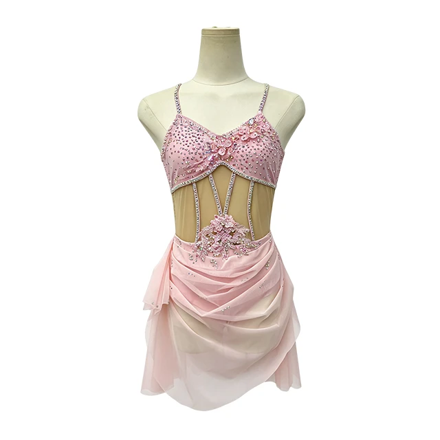Pink Lyrical Dance Costume Halter Contemporary Rhinestone Stage Dress|G126