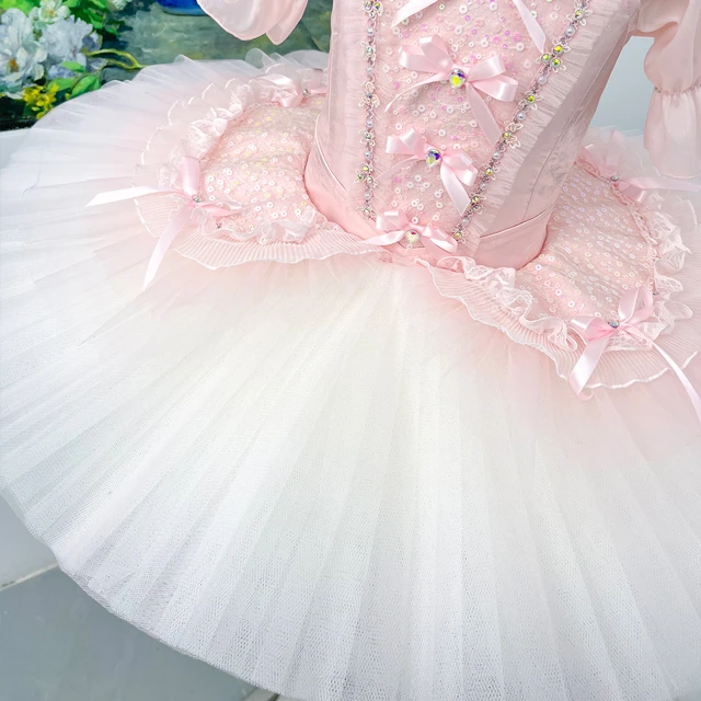 Pink Puff Sleeve Ballet Tutu Dress Bow Rhinestone Professional Girls Ballet Stage Performance Costum