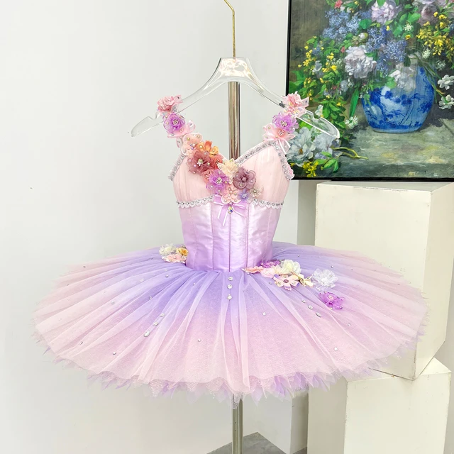 Purple Pink Gradient Ballet Tutu Dress 3D Floral Camisole Professional Girls Ballet Stage Costume|BL