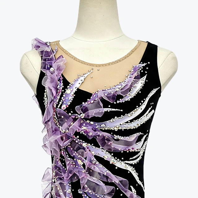 Black Purple Figure Skating Dress 3D Ruffle Rhinestone Sleeveless Competition Ice Skating Costume|BL