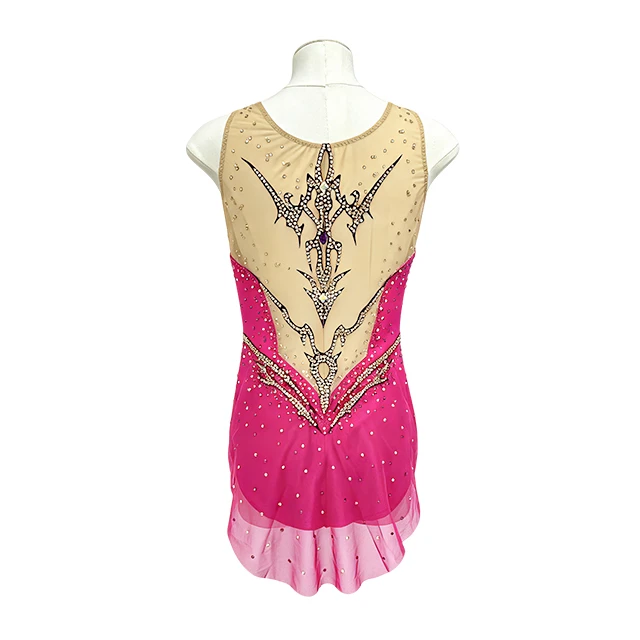 Fuchsia Pink Figure Skating Dress Gold Rhinestone Sleeveless Mesh Neck Ice Skating Competition Costu