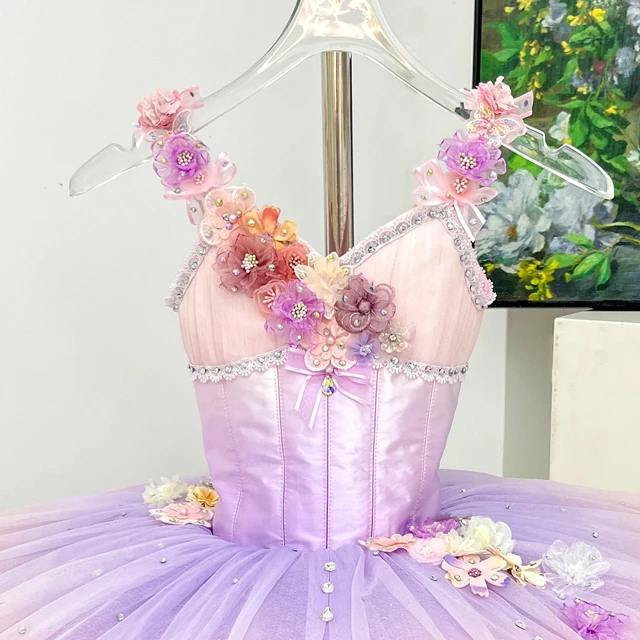 Purple Pink Gradient Ballet Tutu Dress 3D Floral Camisole Professional Girls Ballet Stage Costume|BL