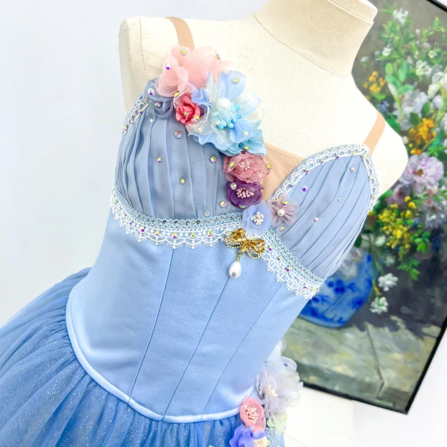Light Blue Gradient Long Ballet Dress 3D Floral Camisole Romantic Ballet Stage Performance Costume|B