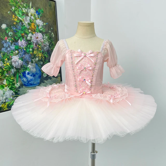 Pink Puff Sleeve Ballet Tutu Dress Bow Rhinestone Professional Girls Ballet Stage Performance Costum