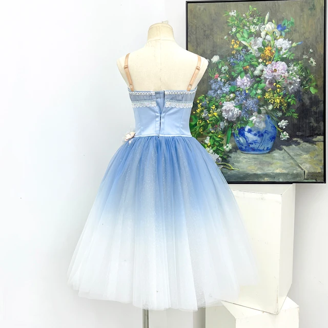Light Blue Gradient Long Ballet Dress 3D Floral Camisole Romantic Ballet Stage Performance Costume|B