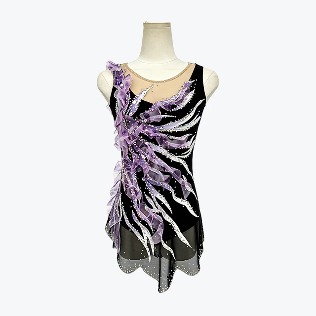 Black Purple Figure Skating Dress 3D Ruffle Rhinestone Sleeveless Competition Ice Skating Costume|BL