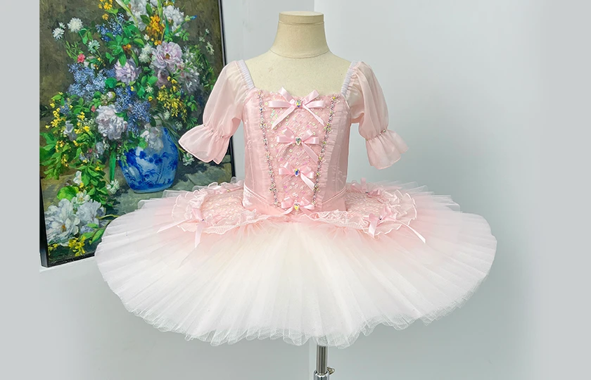 Pink Puff Sleeve Ballet Tutu Dress Bow Rhinestone Professional Girls Ballet Stage Performance Costum