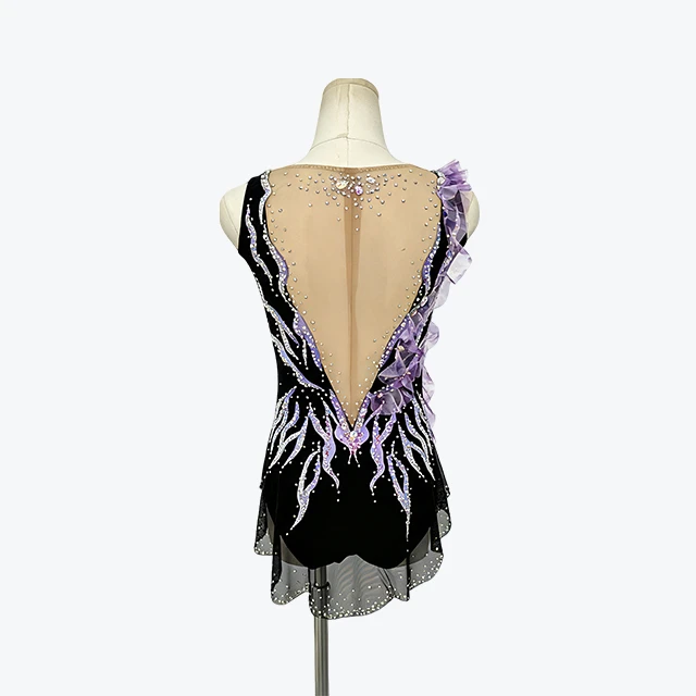 Black Purple Figure Skating Dress 3D Ruffle Rhinestone Sleeveless Competition Ice Skating Costume|BL