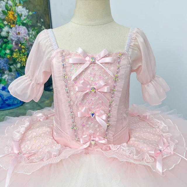 Pink Puff Sleeve Ballet Tutu Dress Bow Rhinestone Professional Girls Ballet Stage Performance Costum