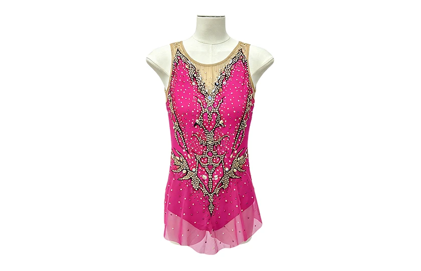 Fuchsia Pink Figure Skating Dress Gold Rhinestone Sleeveless Mesh Neck Ice Skating Competition Costu
